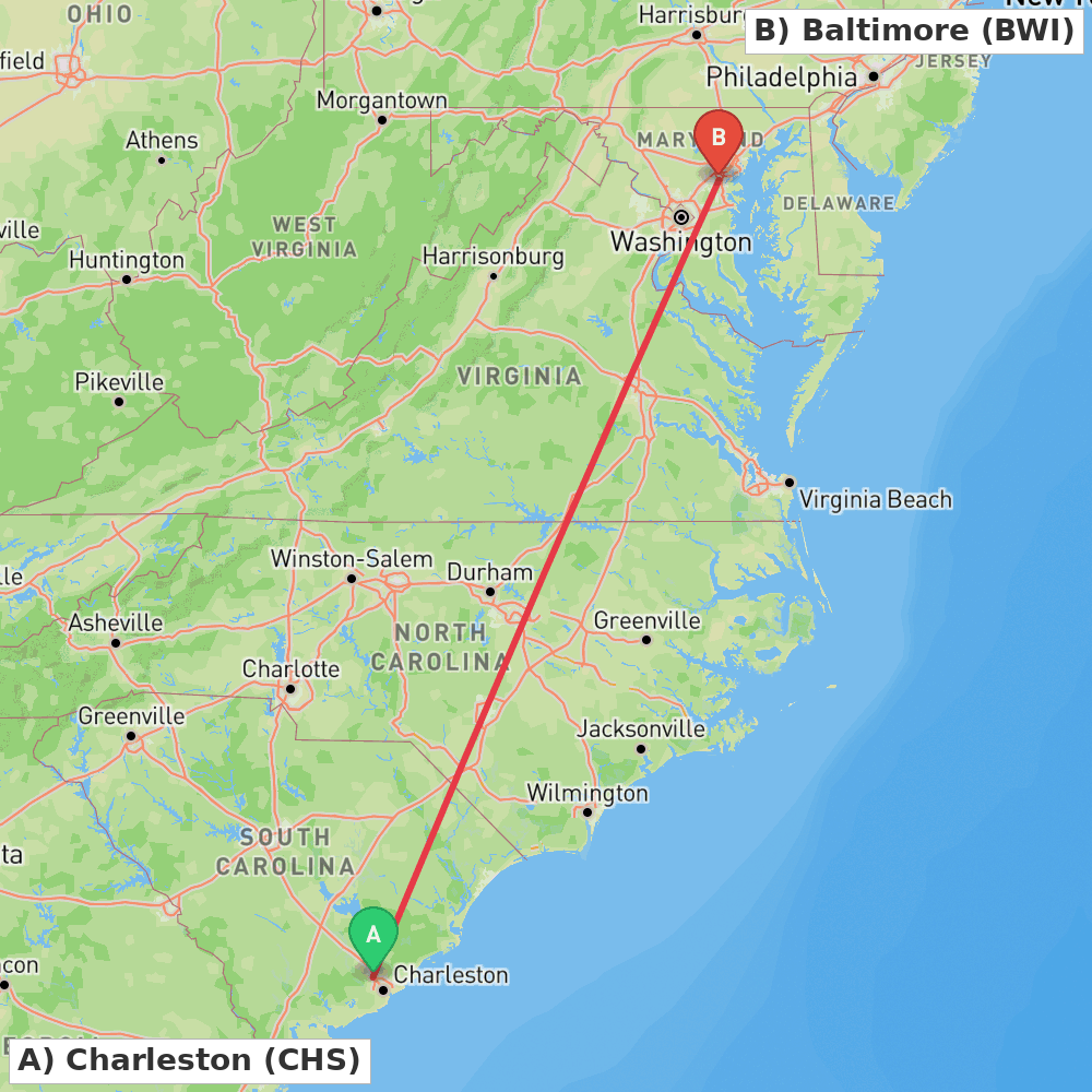 Flight route map from Charleston to Baltimore