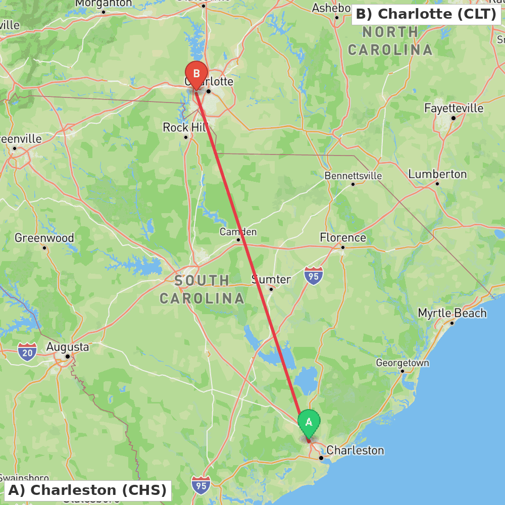 Flight route map from Charleston to Charlotte