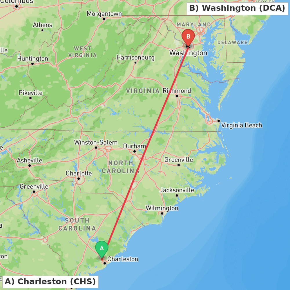 Flight route map from Charleston to Washington