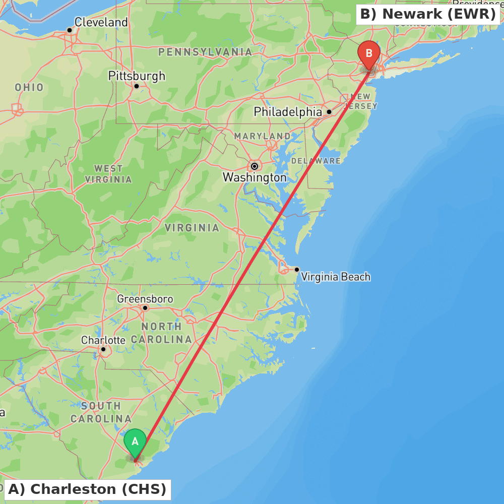 Flight route map from Charleston to Newark