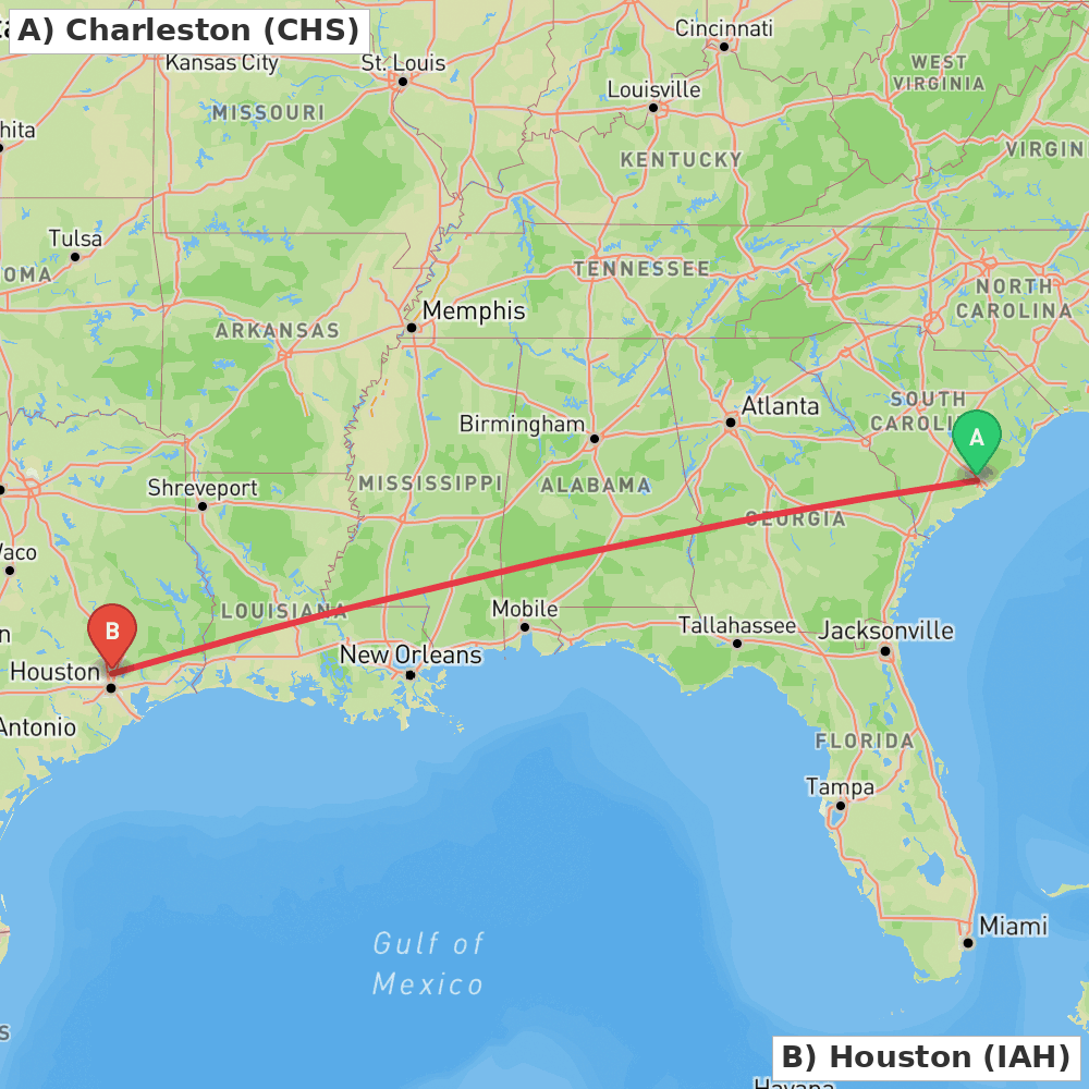 Flight route map from Charleston to Houston