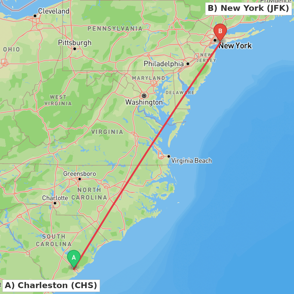 Flight route map from Charleston to New York