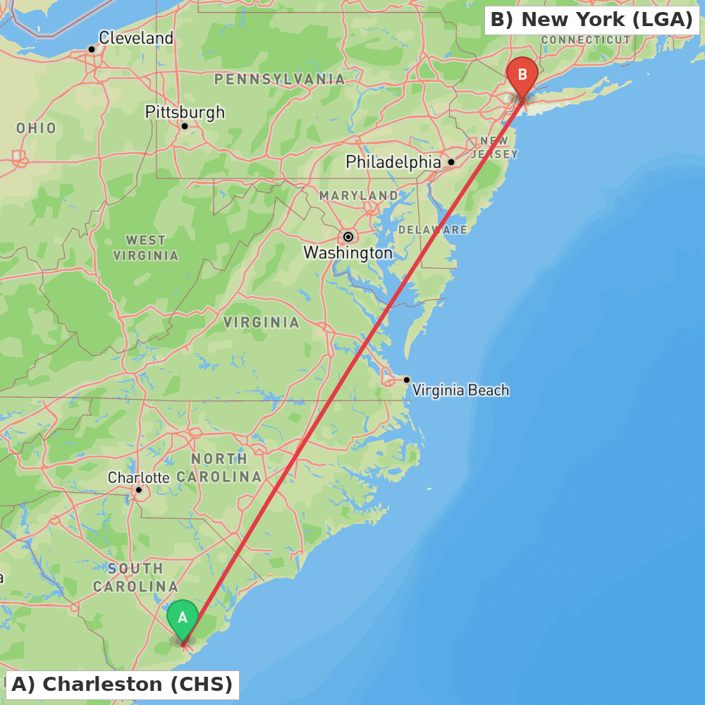 Flight route map from Charleston to New York