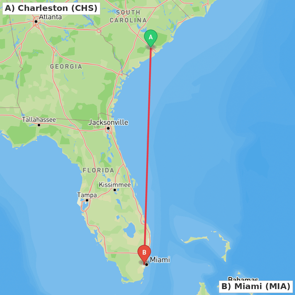 Flight route map from Charleston to Miami