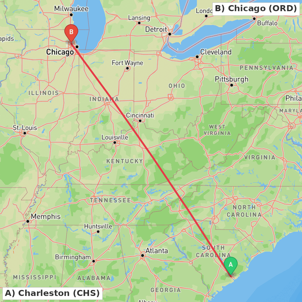 Flight route map from Charleston to Chicago