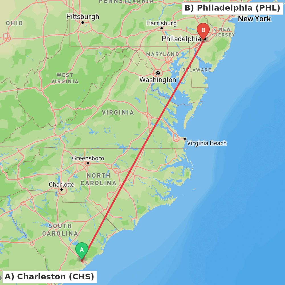 Flight route map from Charleston to Philadelphia