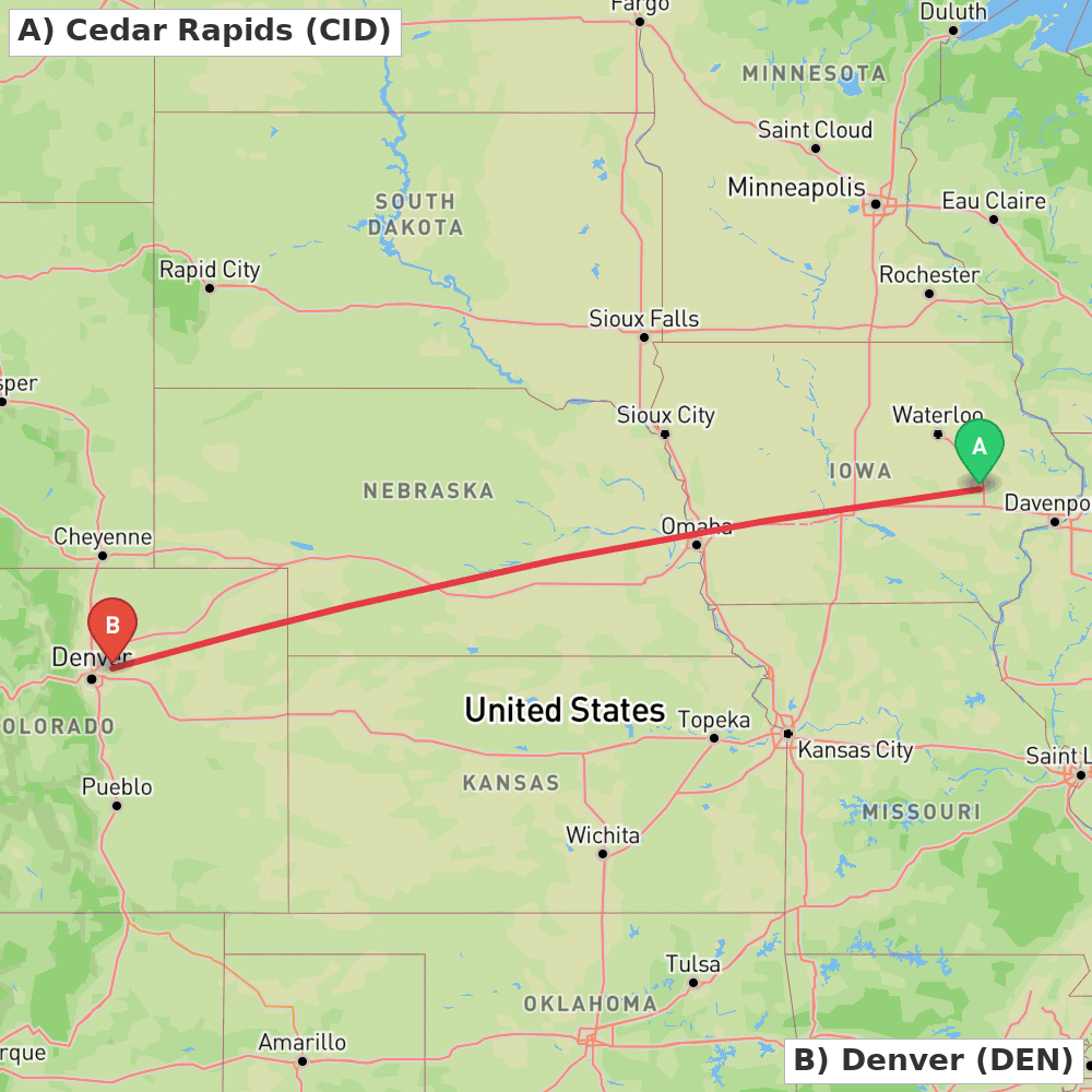 Flight route map from Cedar Rapids to Denver