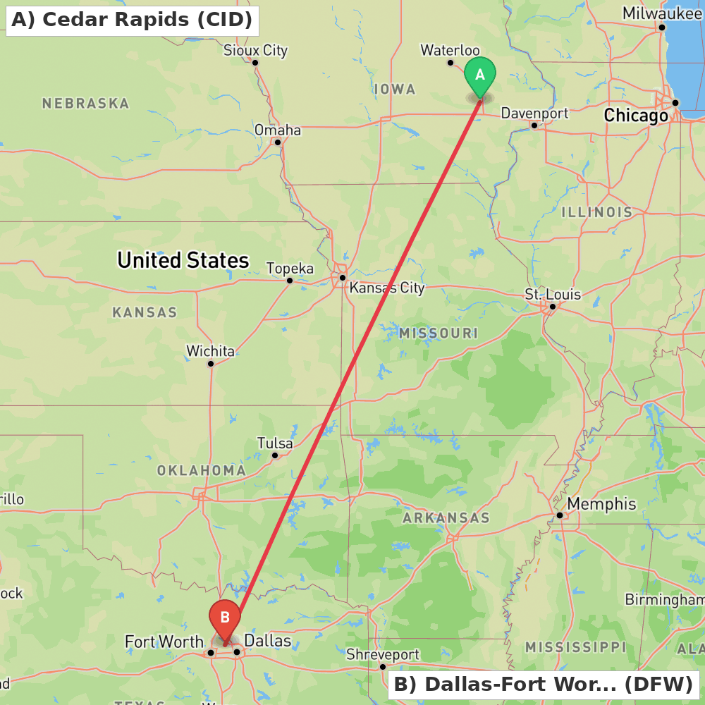 Flight route map from Cedar Rapids to Dallas-Fort Worth