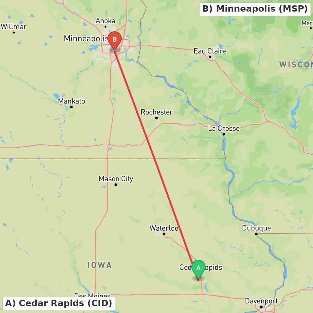 Flight route map from Cedar Rapids to Minneapolis