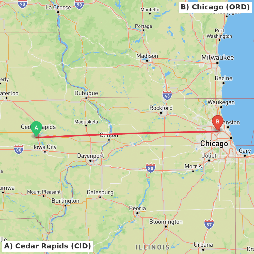 Flight route map from Cedar Rapids to Chicago