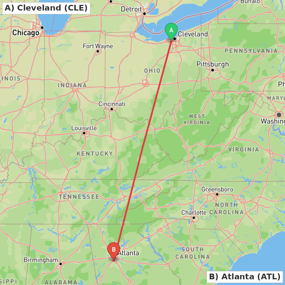 Flight route map from Cleveland to Atlanta