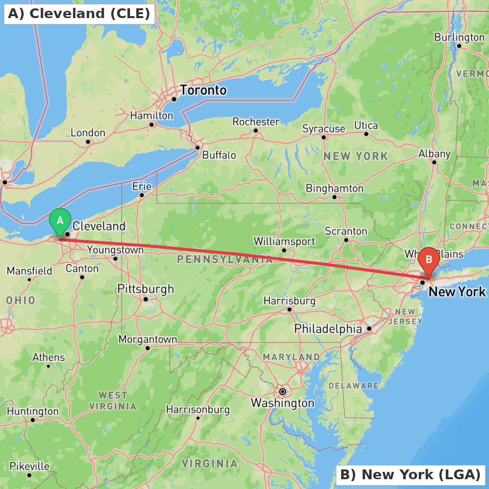 Flight route map from Cleveland to New York