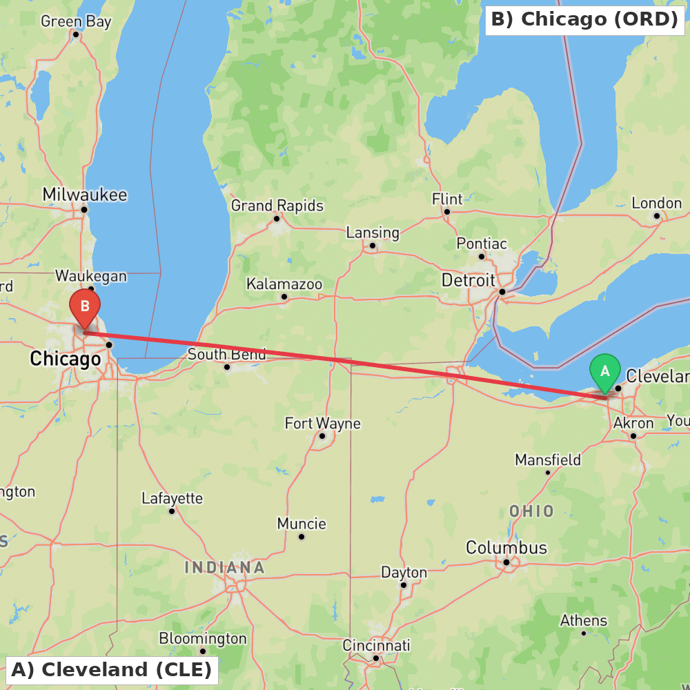 Flight route map from Cleveland to Chicago