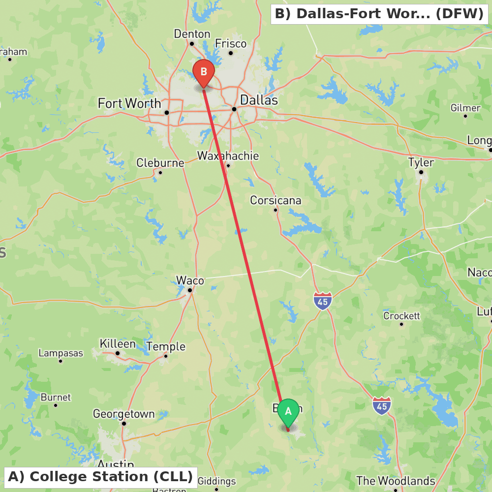 Flight route map from College Station to Dallas-Fort Worth