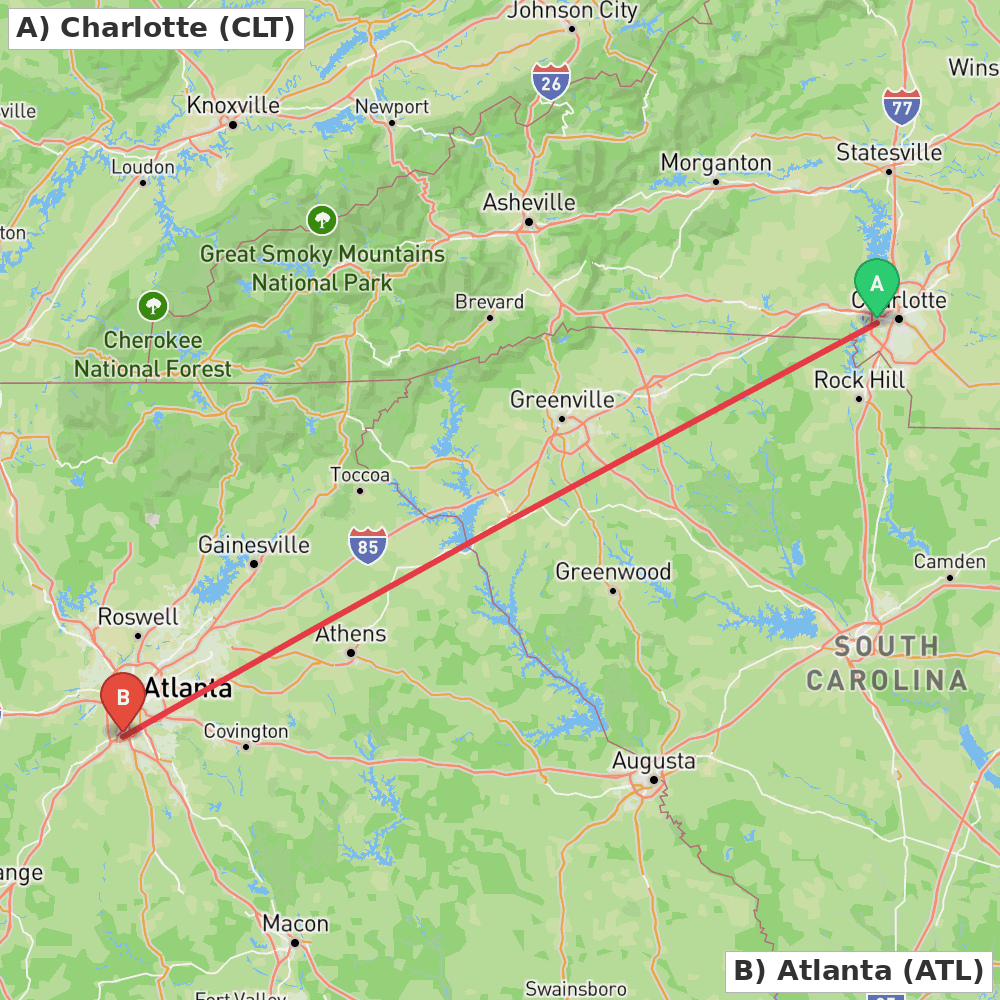 Flight route map from Charlotte to Atlanta