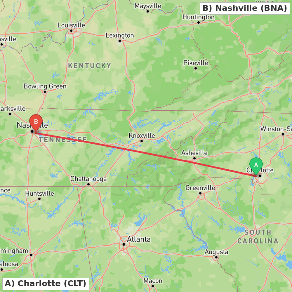 Flight route map from Charlotte to Nashville