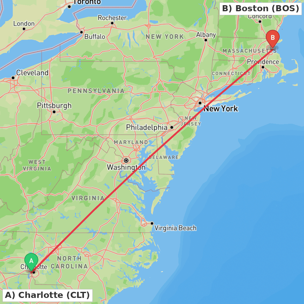 Flight route map from Charlotte to Boston