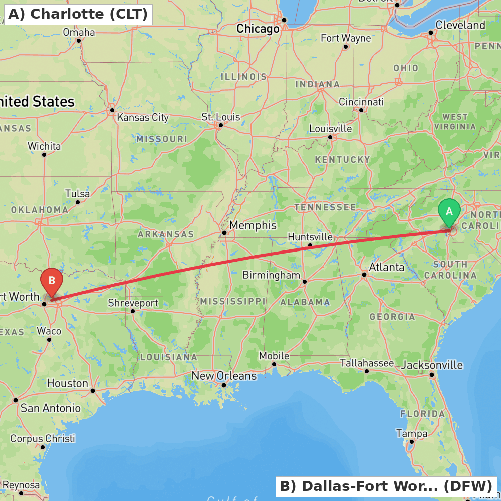 Flight route map from Charlotte to Dallas-Fort Worth