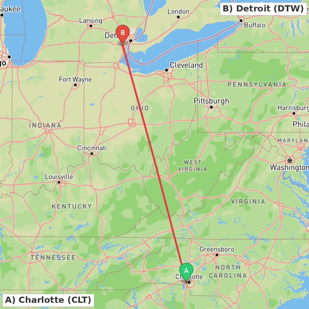 Flight route map from Charlotte to Detroit
