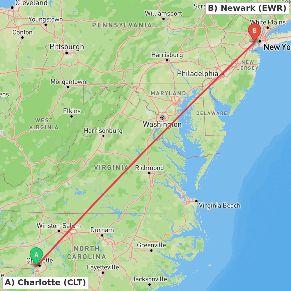 Flight route map from Charlotte to Newark
