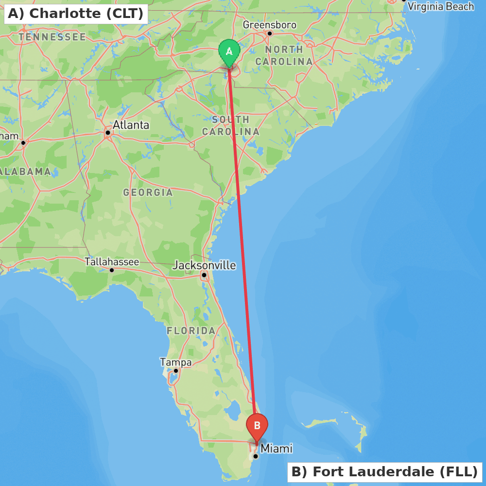 Flight route map from Charlotte to Fort Lauderdale