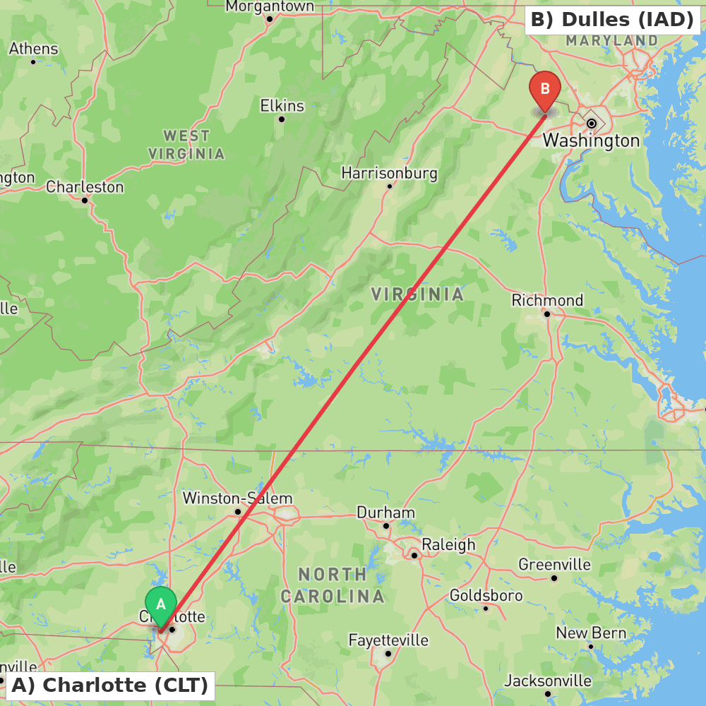 Flight route map from Charlotte to Dulles