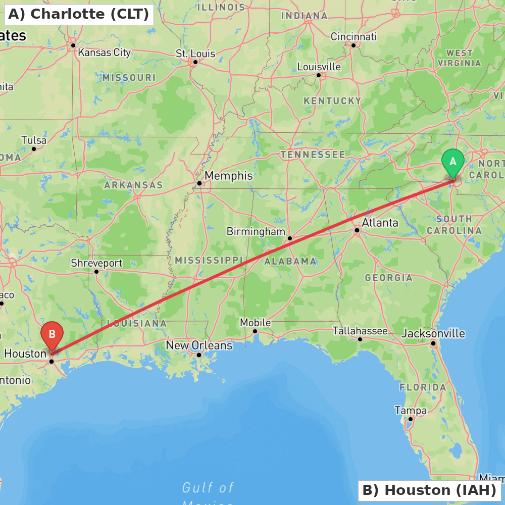 Flight route map from Charlotte to Houston