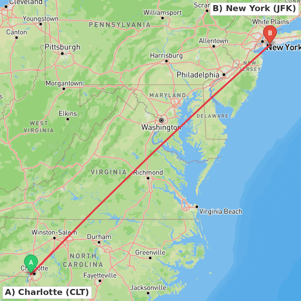 Flight route map from Charlotte to New York