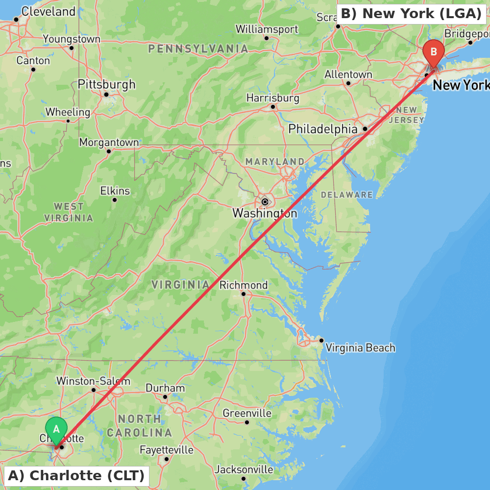 Flight route map from Charlotte to New York