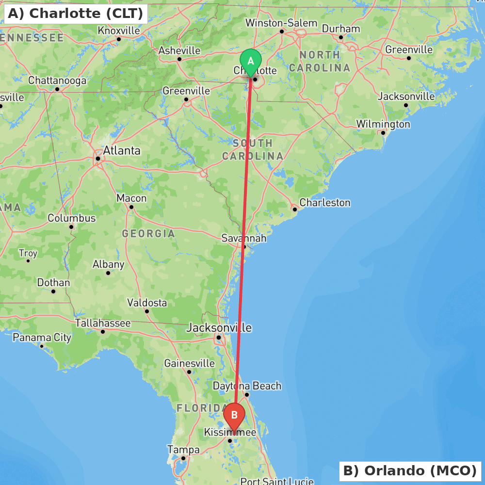 Flight route map from Charlotte to Orlando