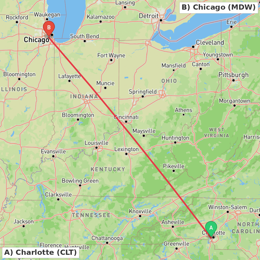 Flight route map from Charlotte to Chicago