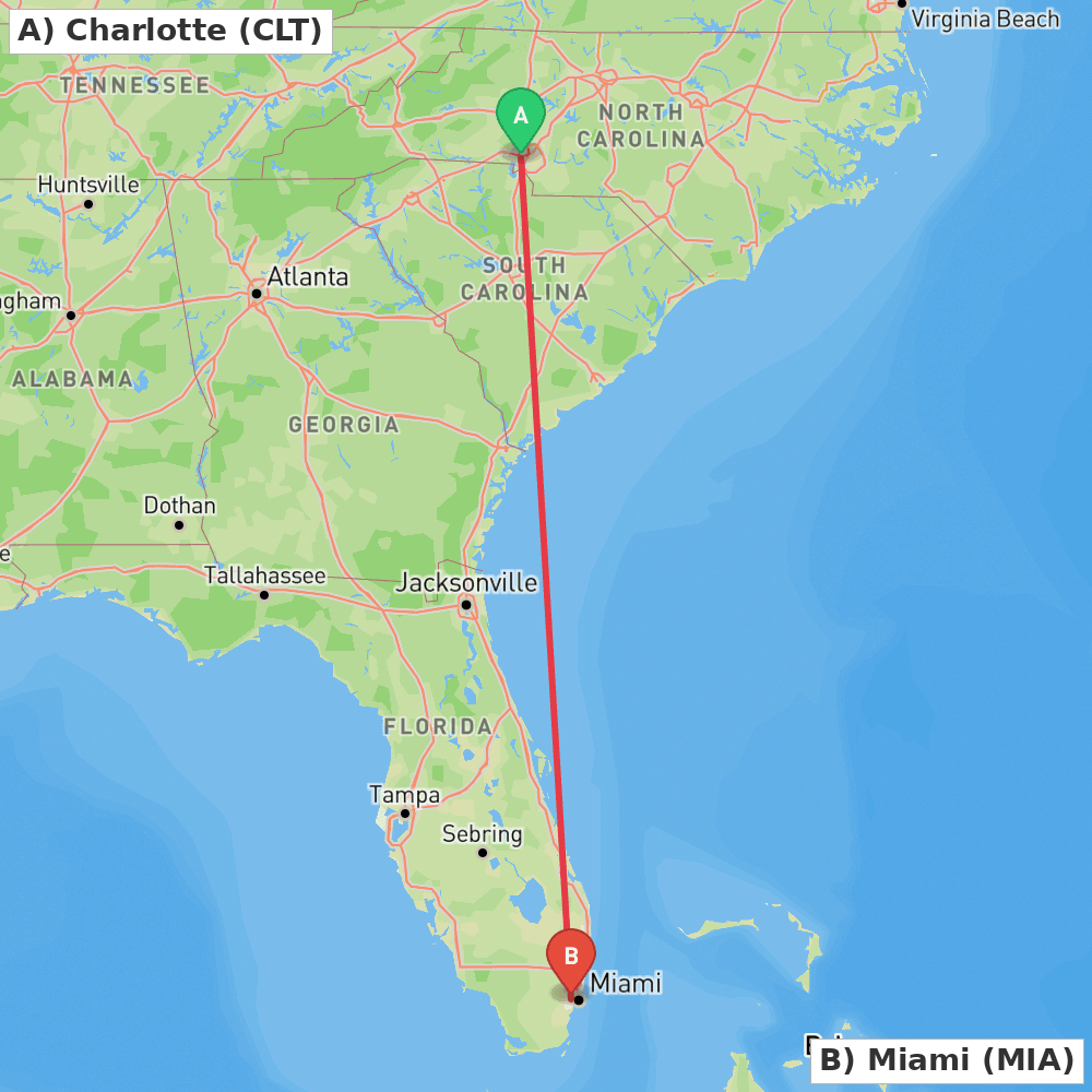 Flight route map from Charlotte to Miami