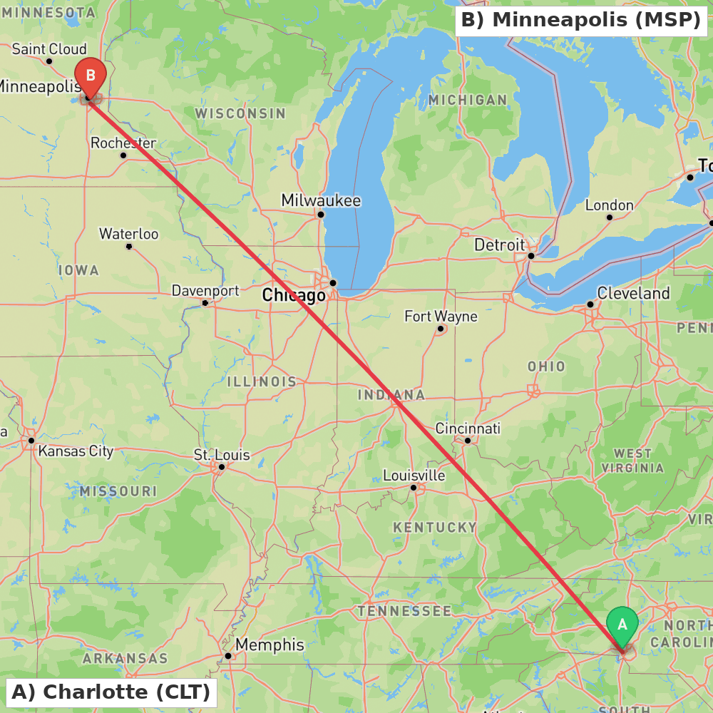 Flight route map from Charlotte to Minneapolis