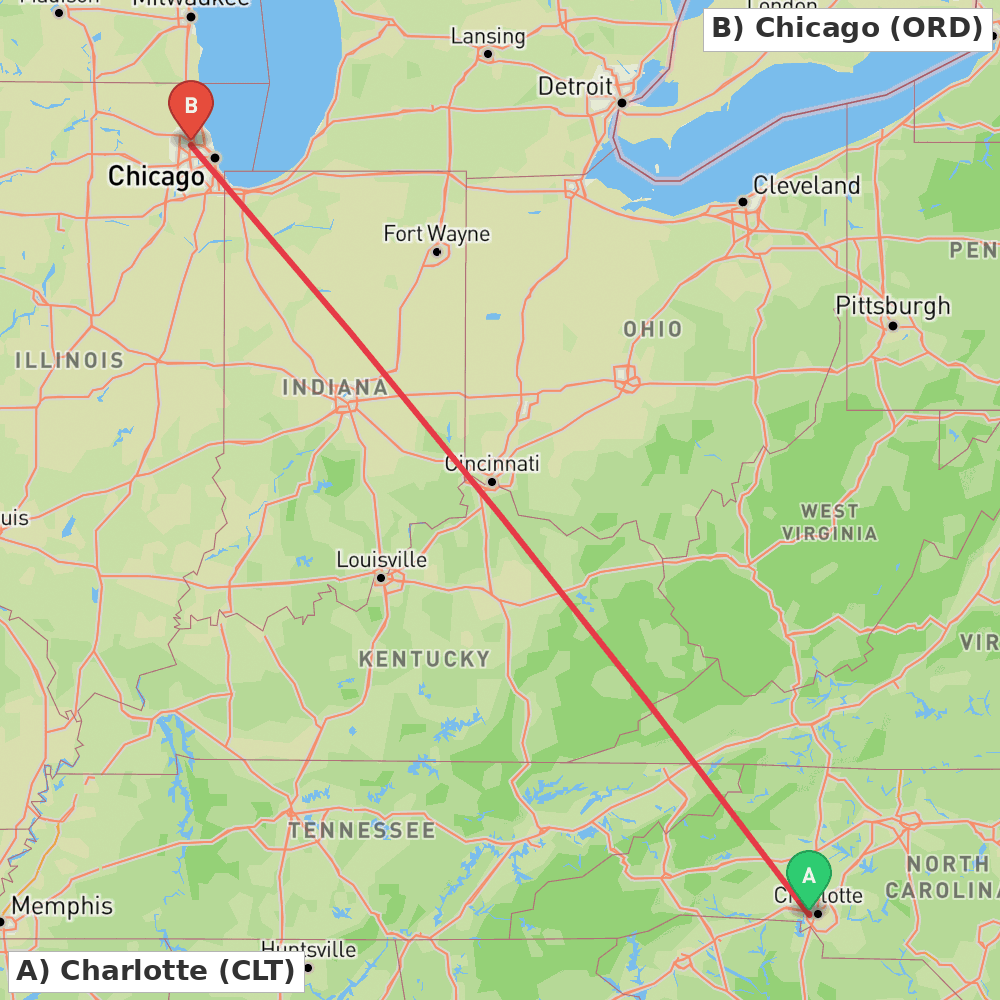 Flight route map from Charlotte to Chicago