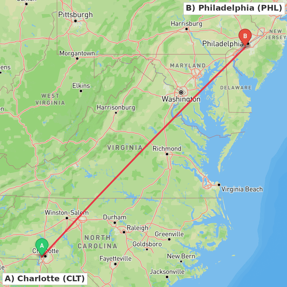 Flight route map from Charlotte to Philadelphia