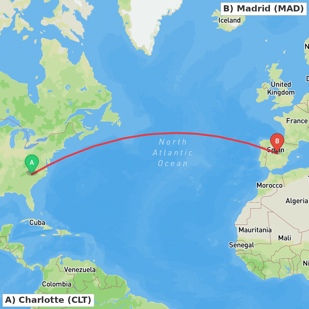 Flight route map from Charlotte to Madrid