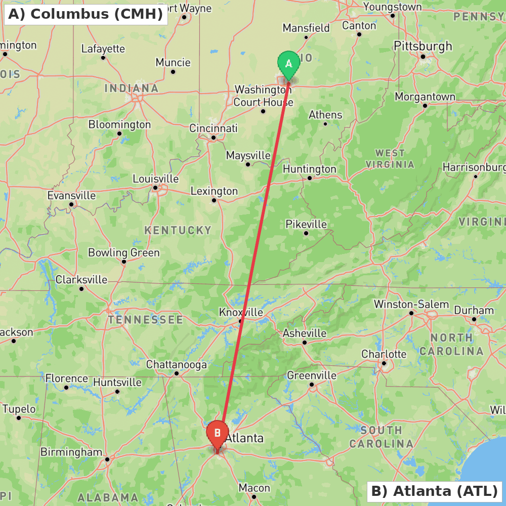 Flight route map from Columbus to Atlanta