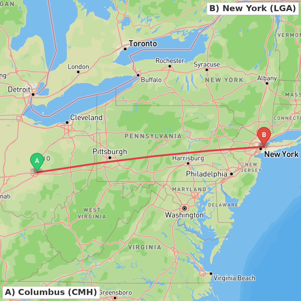 Flight route map from Columbus to New York