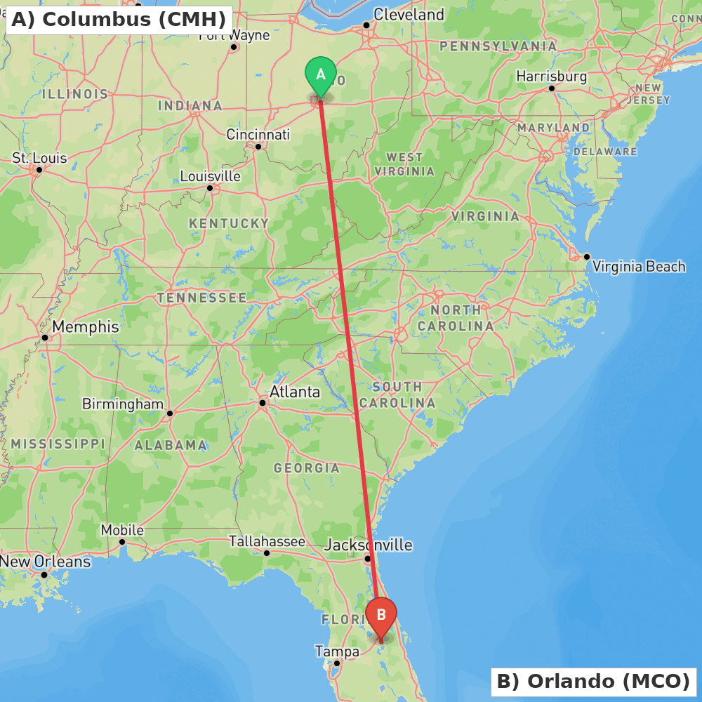 Flight route map from Columbus to Orlando