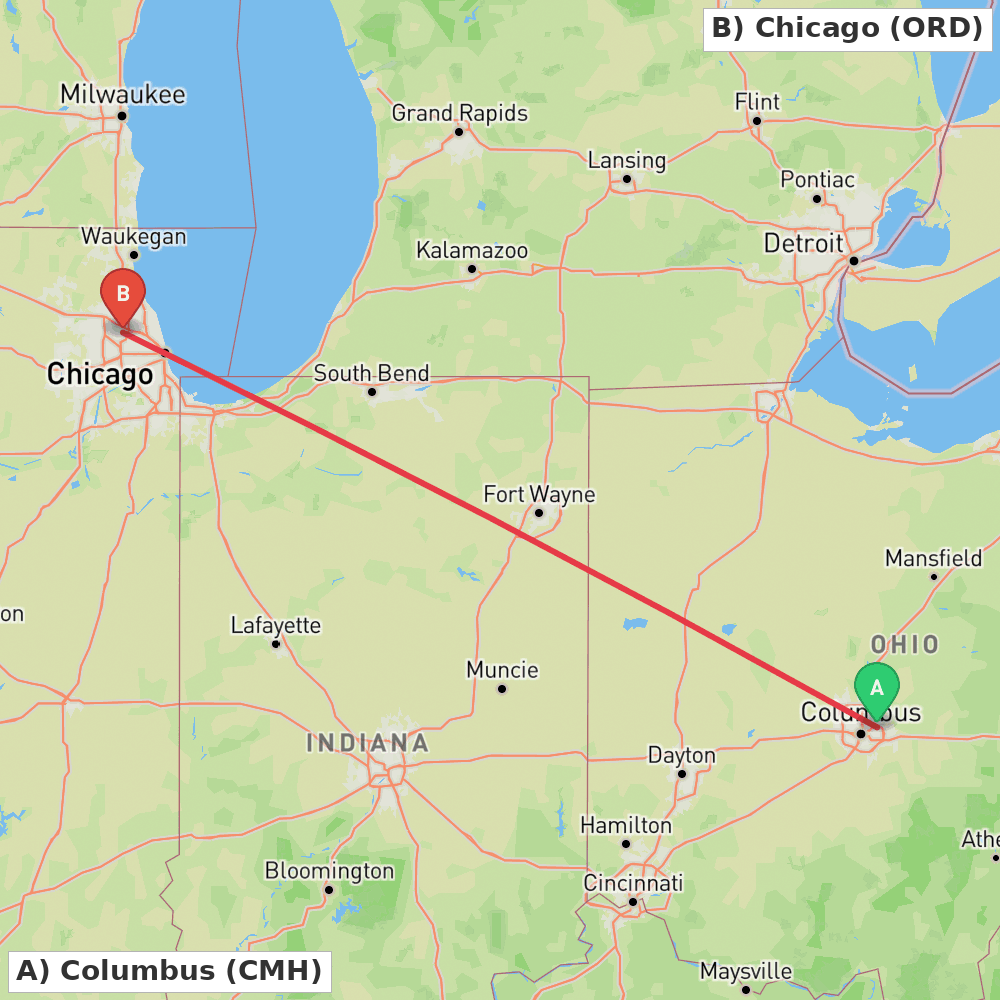 Flight route map from Columbus to Chicago