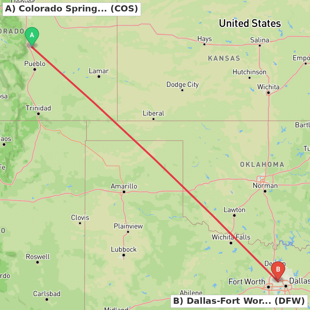 Flight route map from Colorado Springs to Dallas-Fort Worth