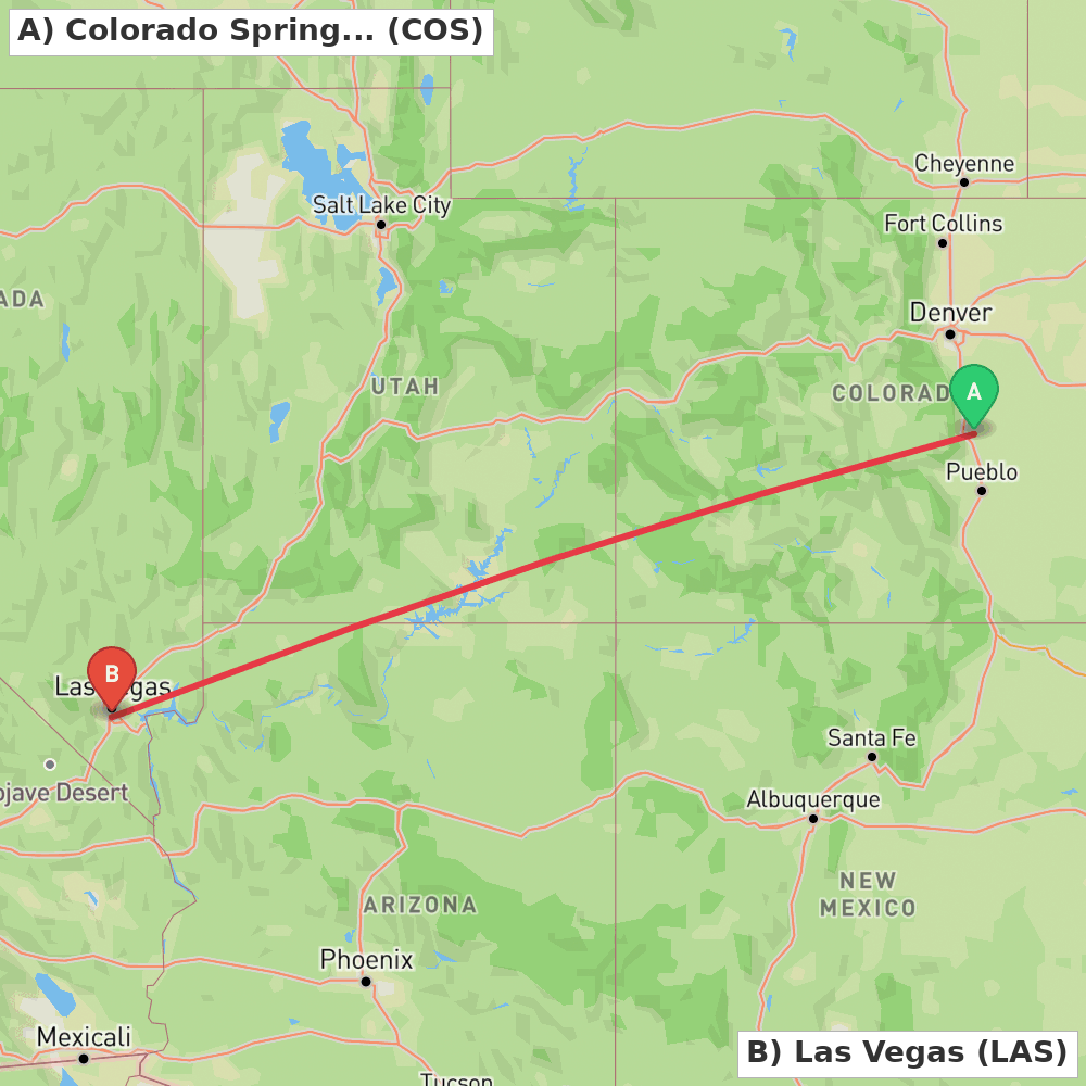 Flight route map from Colorado Springs to Las Vegas