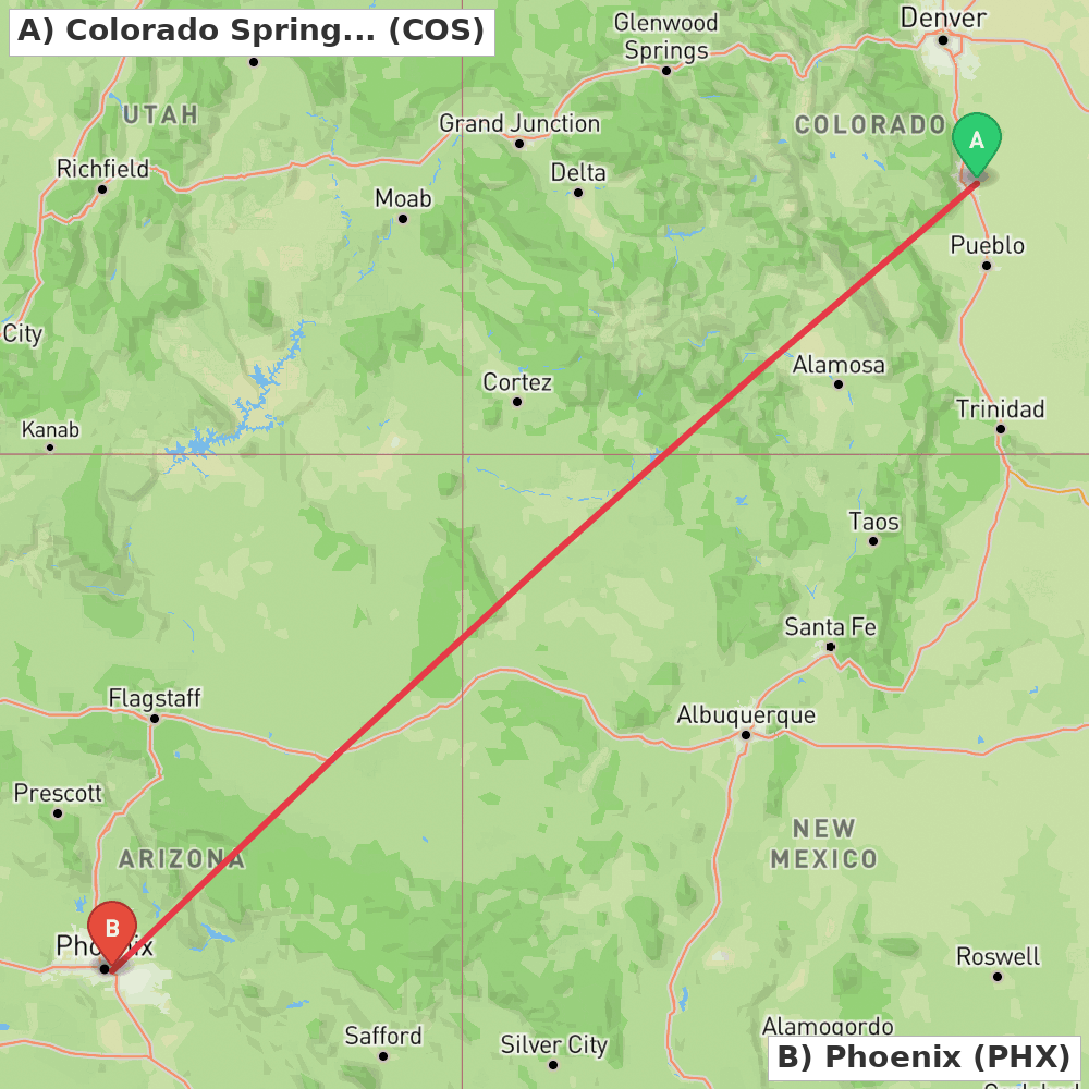 Flight route map from Colorado Springs to Phoenix