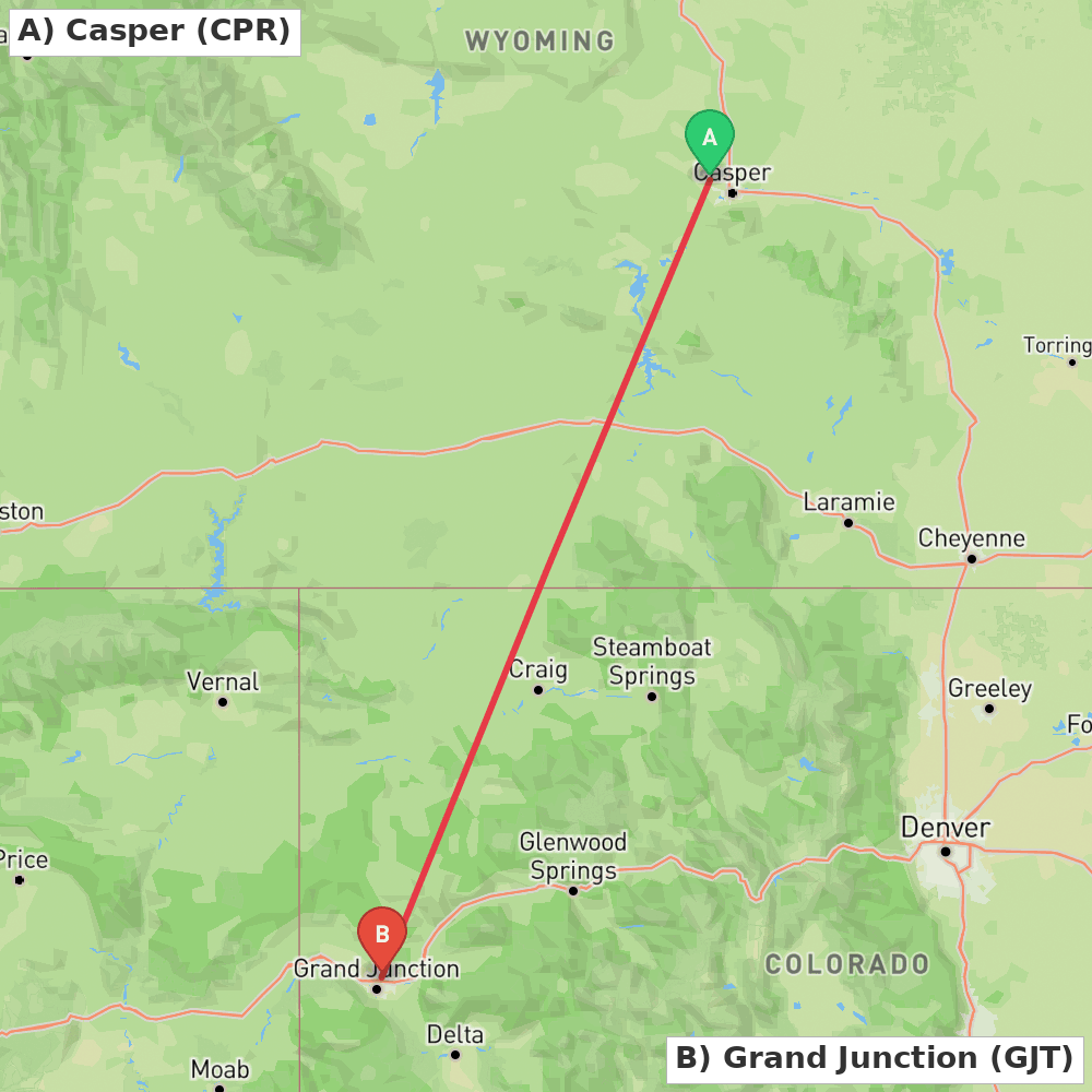 Flight route map from Casper to Grand Junction