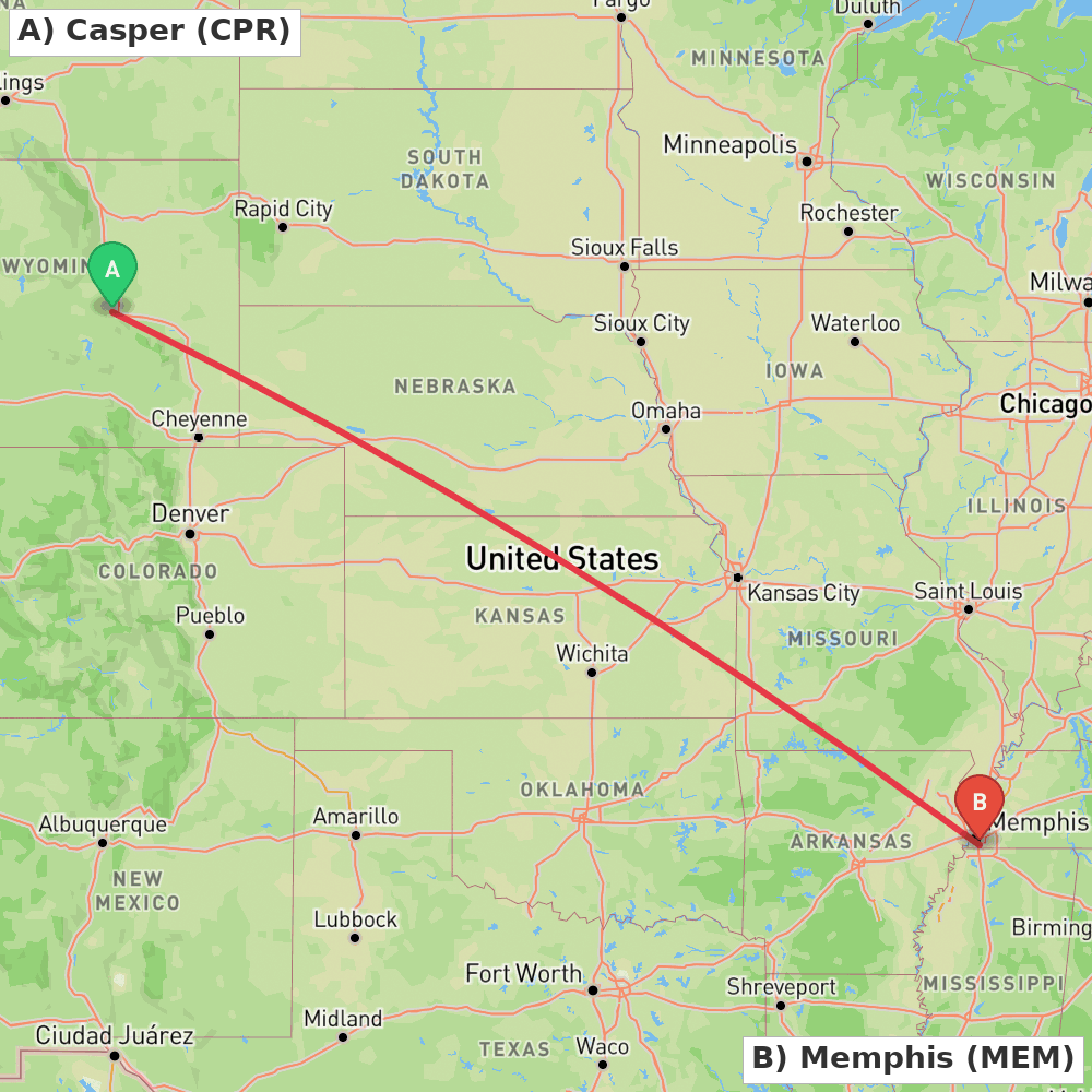Flight route map from Casper to Memphis