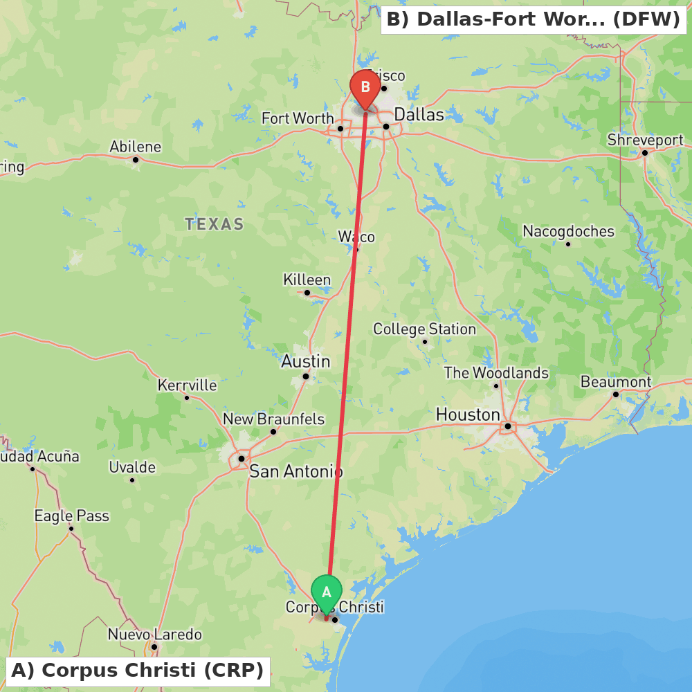 Flight route map from Corpus Christi to Dallas-Fort Worth