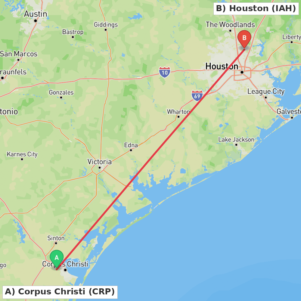 Flight route map from Corpus Christi to Houston