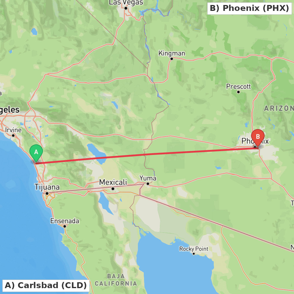 Flight route map from Carlsbad to Phoenix