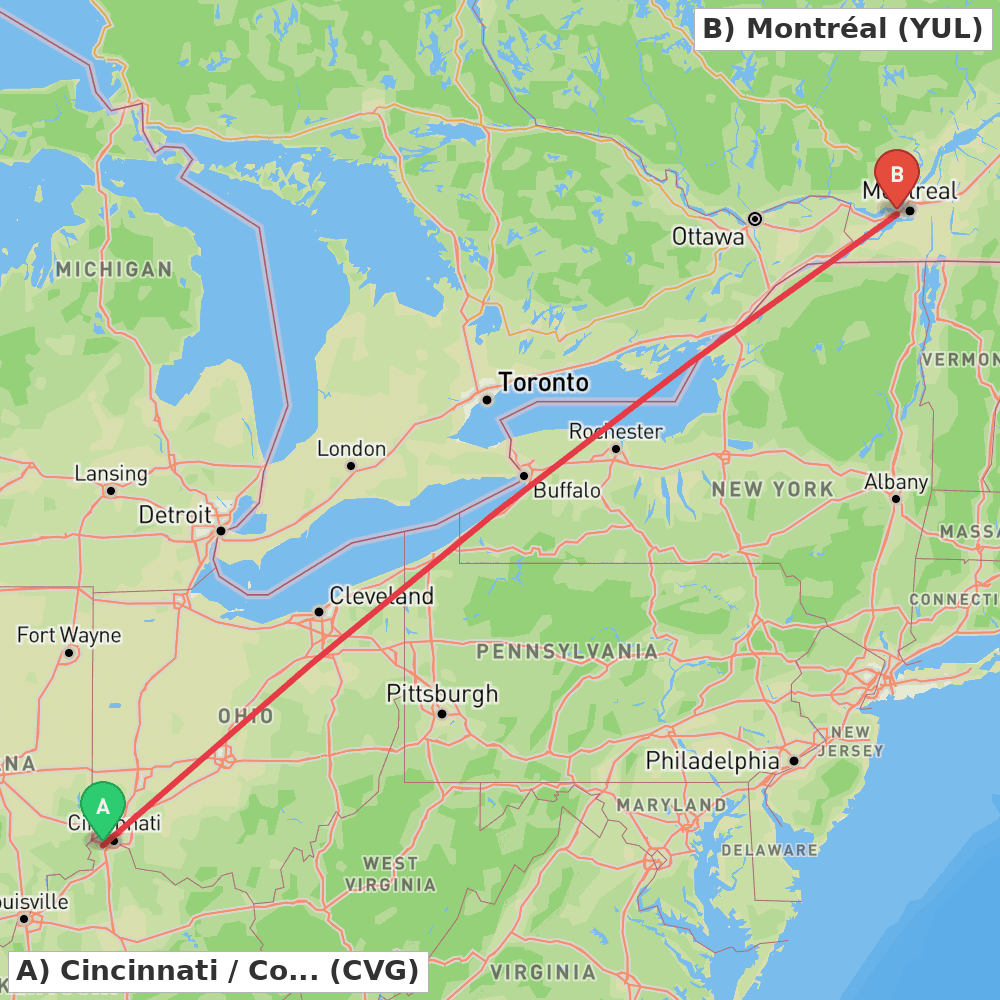 Flight route map from Cincinnati / Covington to Montréal