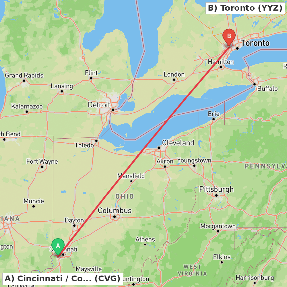 Flight route map from Cincinnati / Covington to Toronto